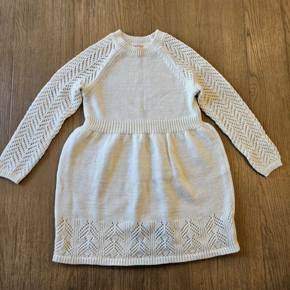 Cat and Jack Ivory Long Sleeve  Sweater Knitted Lace Pattern Dress Size  5T